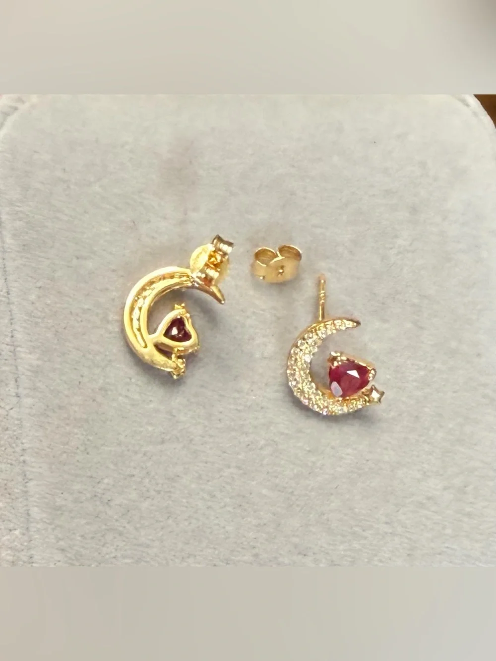 Mystical Waning Crescent Moon Natural .50CT Ruby Stud Earring 18K Yellow Gold